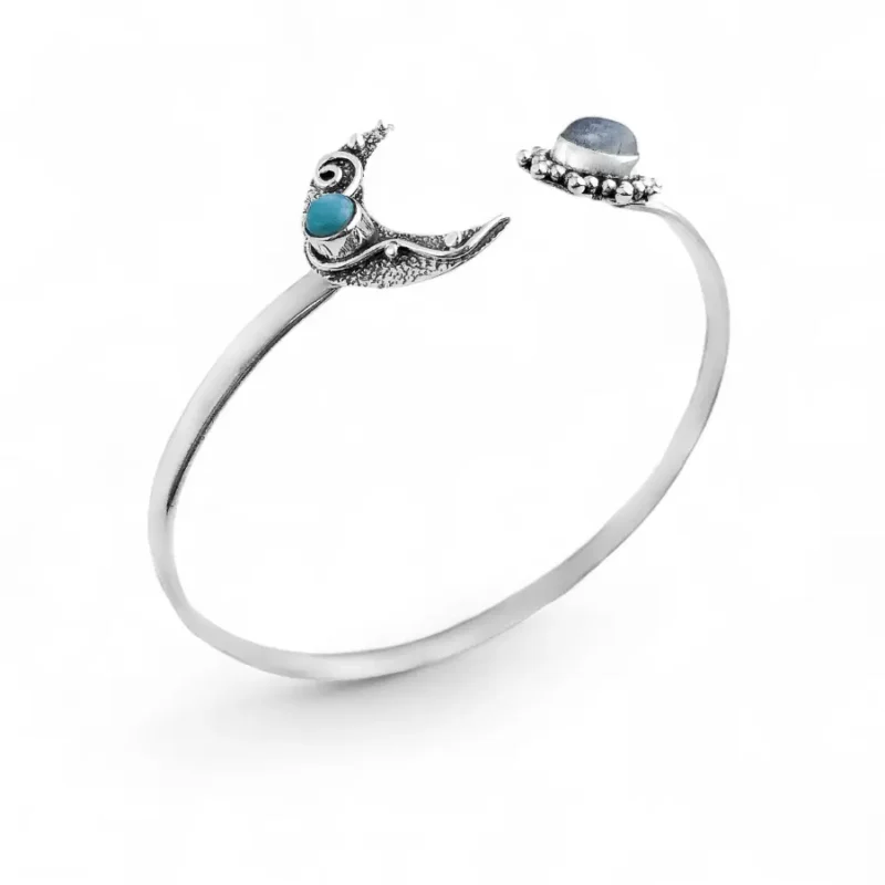 Bracelete em Prata 925 com Pedra da Lua e Larimar- Ajustável