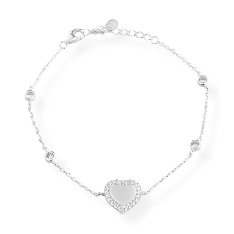 Pulseira com Coração Liso e Bordas Cravejadas em Zircônias - 17cm