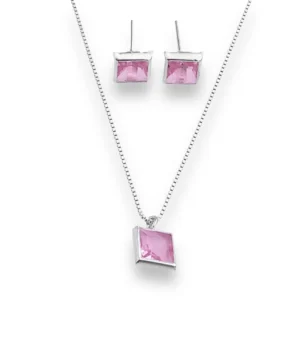 Conjunto em Prata 925 Quadrado com Zircônia Rosa - 40cm