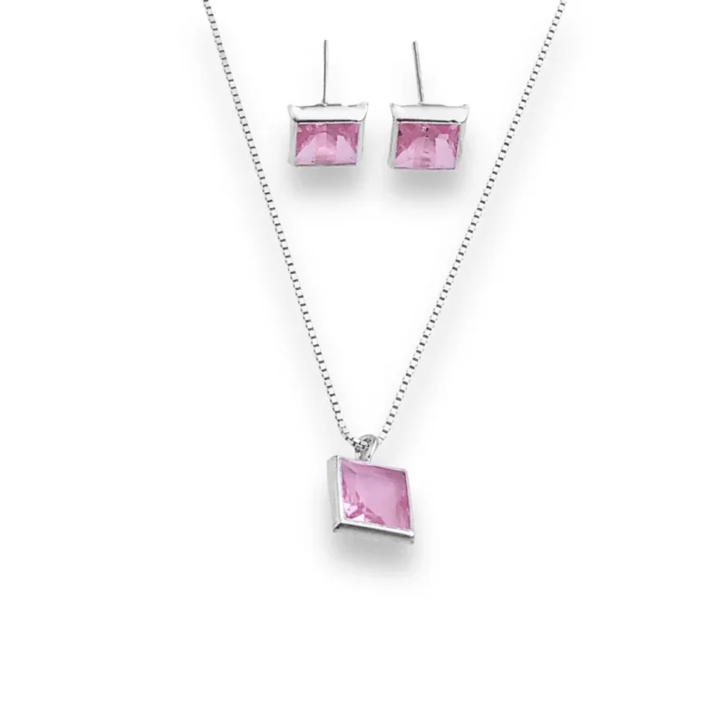 Conjunto em Prata 925 Quadrado com Zircônia Rosa - 40cm