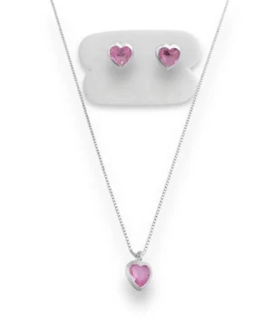 Conjunto em Prata 925 de Coração com Zircônia Rosa - 40cm