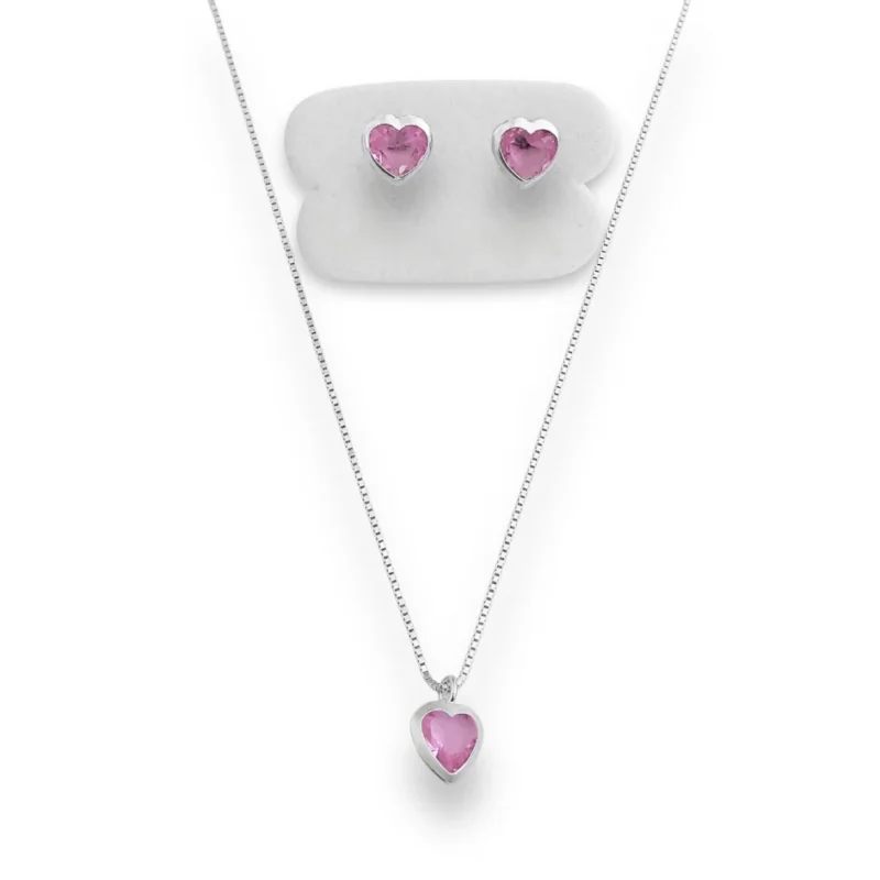 Conjunto em Prata 925 de Coração com Zircônia Rosa - 40cm