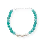 Pulseira de Jade Amazônita  e Pérola Pão -16CM