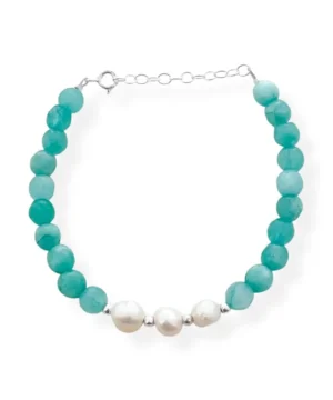 Pulseira de Jade Amazônita  e Pérola Pão -16CM