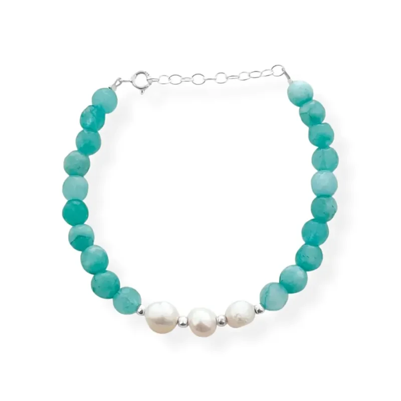 Pulseira de Jade Amazônita  e Pérola Pão -16CM
