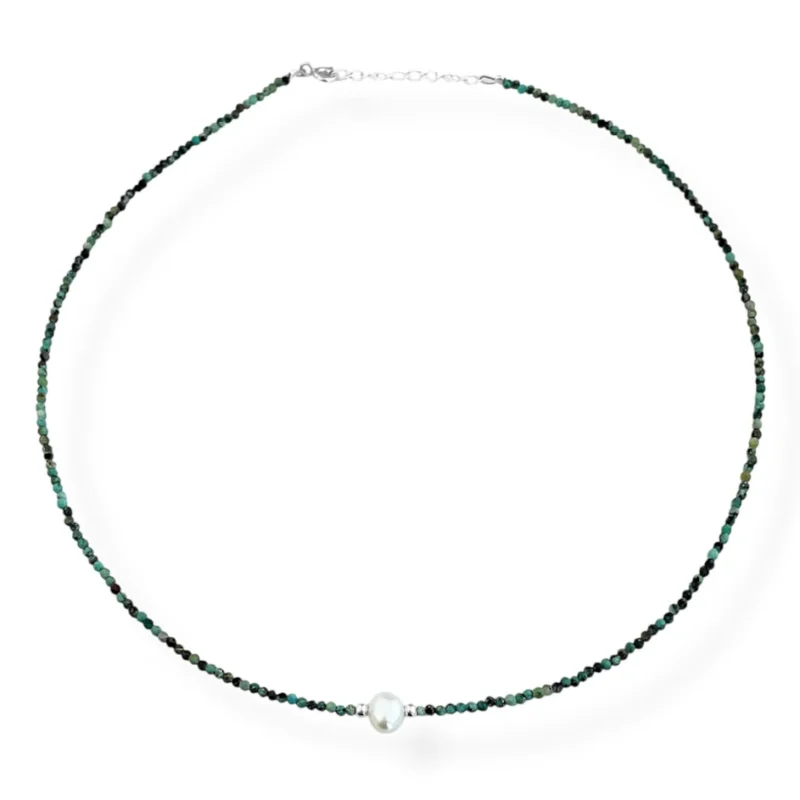Gargantilha de Turquesa Africana com Pérola - 38cm