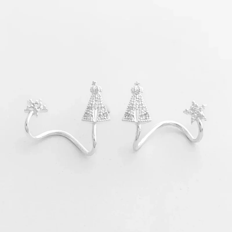 Brinco Ear Cuff de Nossa Senhora Aparecida e Estrela Cravejado com Zircônias