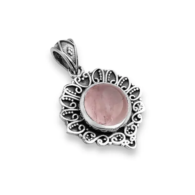 Pingente com Pedra Redonda Quartzo Rosa com Arabescos