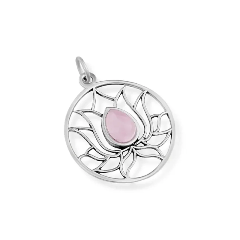 Pingente Redondo Trabalhado Com Pedra Quartzo Rosa Em Prata 925 - Imagem 2