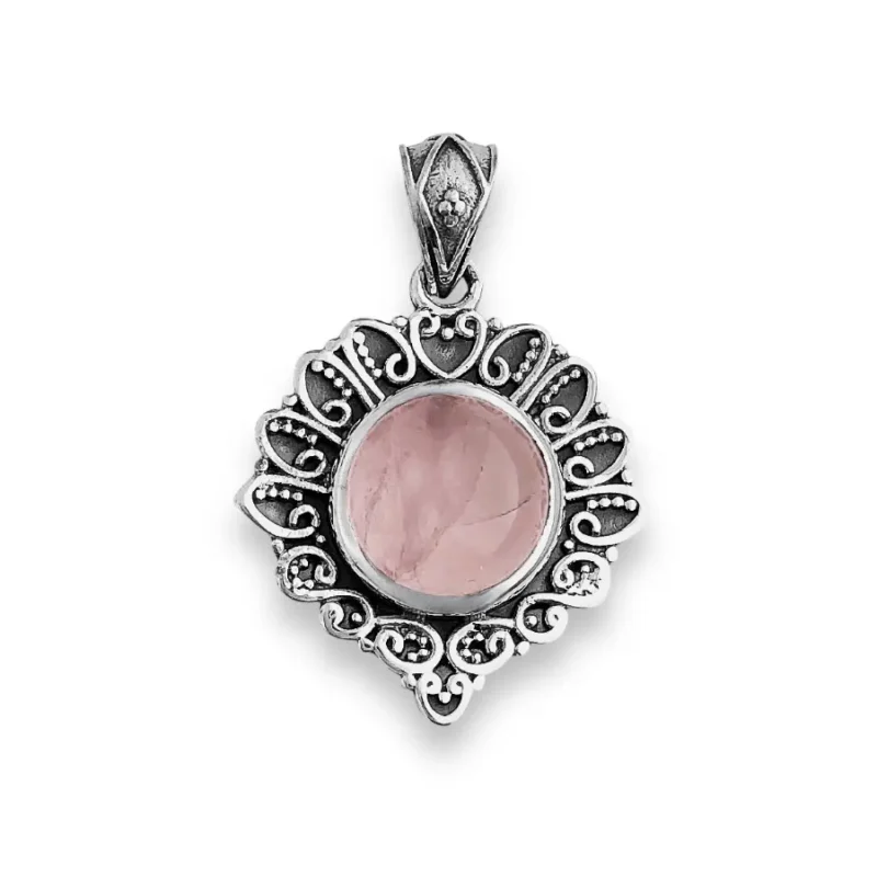Pingente com Pedra Redonda Quartzo Rosa com Arabescos - Imagem 2