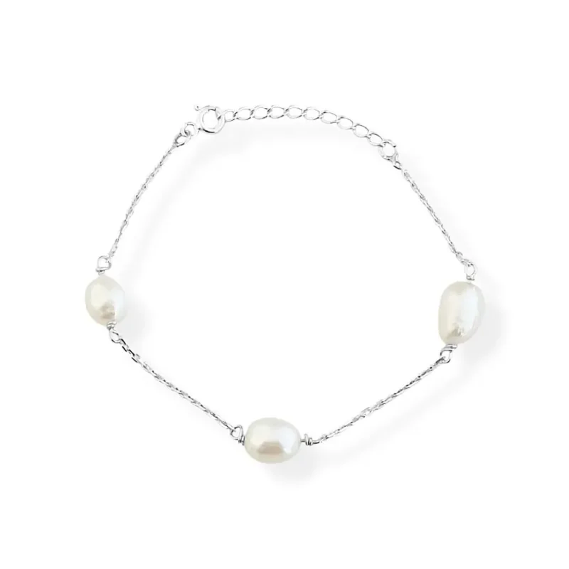 Pulseira De Pérola Natural Em Prata 925- 16cm