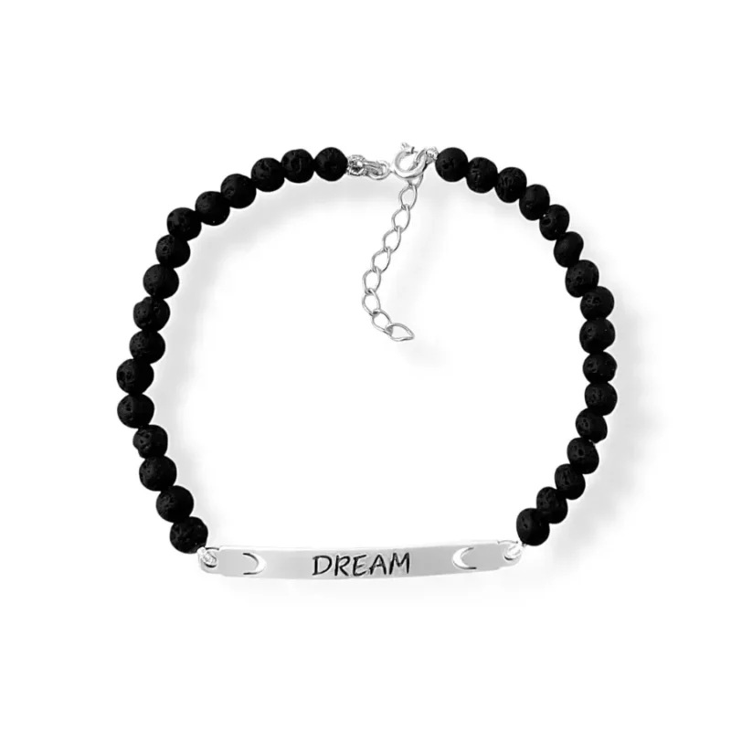 Pulseira de Lava Vulcânica e Placa Escrito DREAM ( SONHAR ) em Prata 925 - Imagem 2