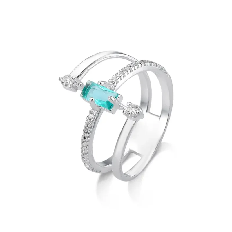 Anel 3 Aros com  Zircônia cristal e verde em Prata 925
